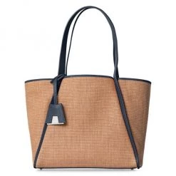 Akris Medium Alex Leather-Trimmed Raffia Tote Camel Blossom